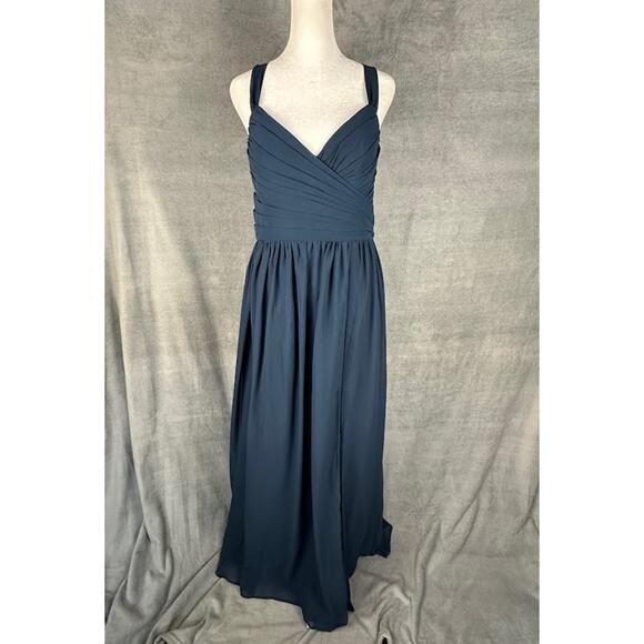 Azazie Aziza Dress Womens A10 Dark Navy A Line V Neck Pleated Chiffon Bridesmaid - Picture 3 of 16